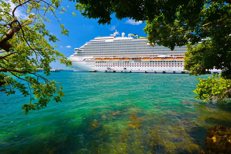 cruise ship pulling into topical port, view from shore with trees shrouding view