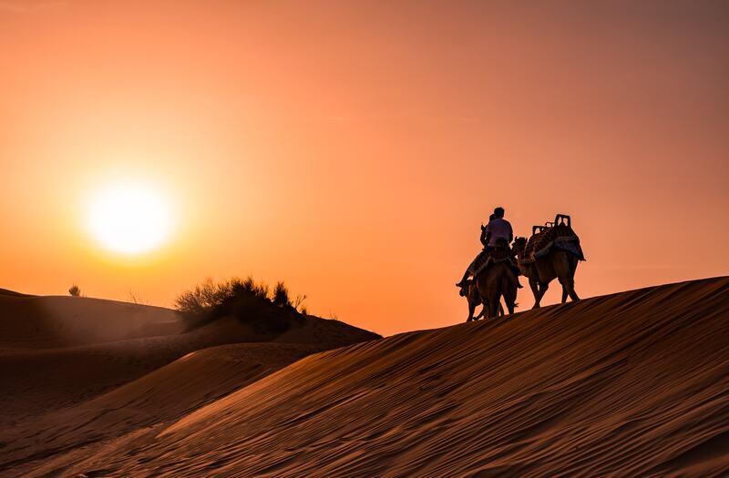 two people taking desert camel ride at sunset on top of sand dune